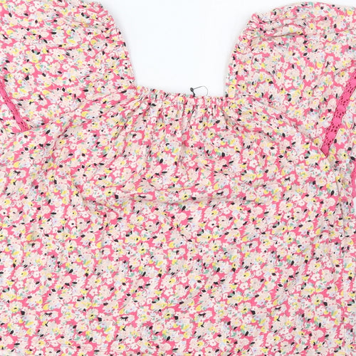Marks and Spencer Womens Pink Floral Cotton Basic T-Shirt Size 10 Square Neck - Embroidered