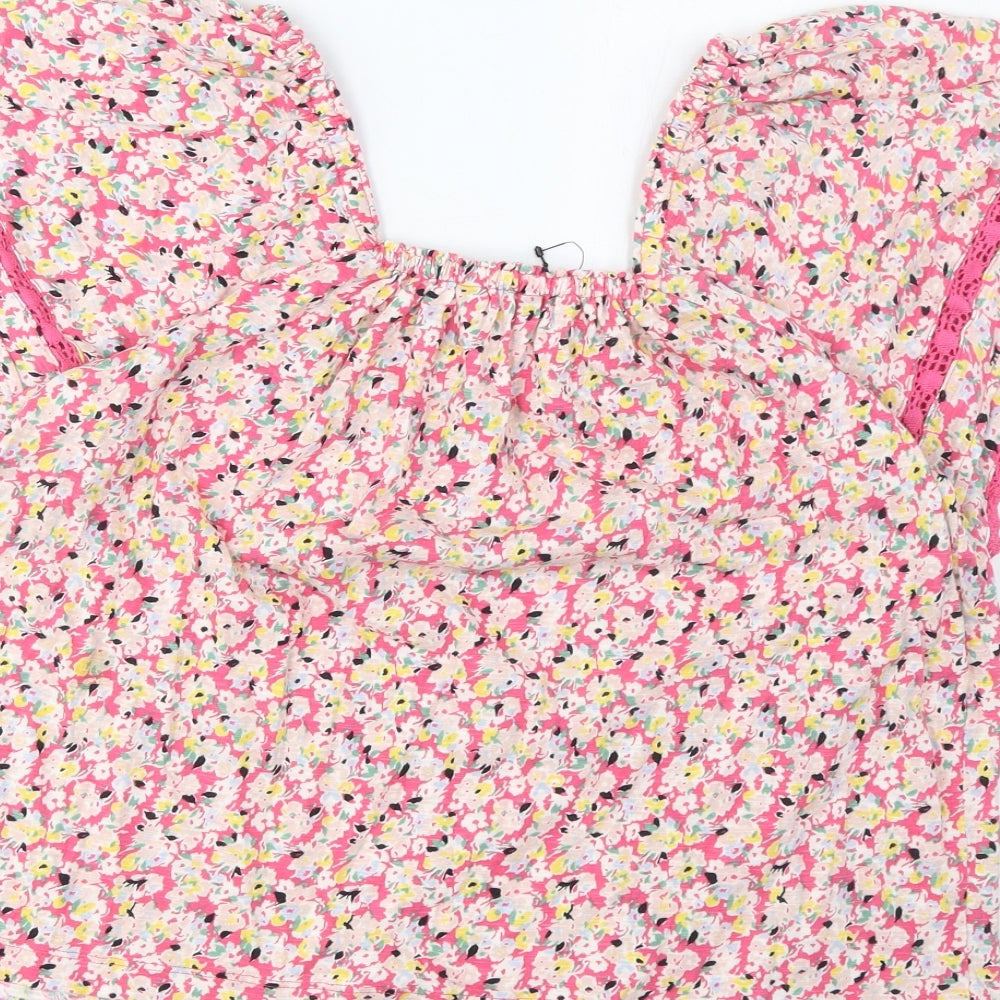 Marks and Spencer Womens Pink Floral Cotton Basic T-Shirt Size 10 Square Neck - Embroidered
