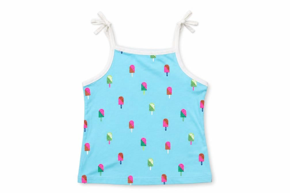 Marks and Spencer Girls Blue Geometric Cotton Cropped Tank Size 3-4 Years Square Neck Pullover