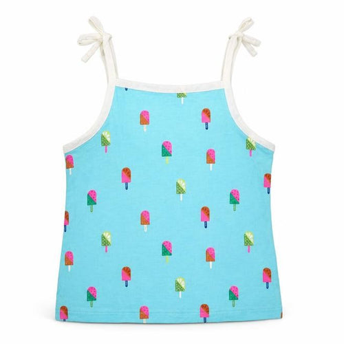 Marks and Spencer Girls Blue Geometric Cotton Basic Tank Size 3-4 Years Square Neck Pullover - Ice Lolly Print