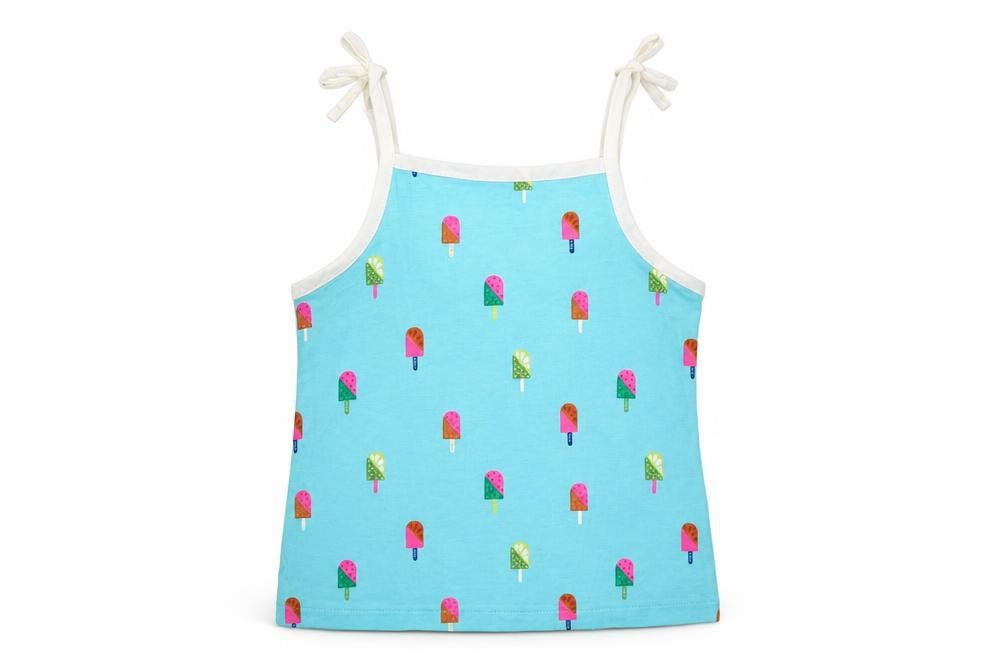 Marks and Spencer Girls Blue Geometric Cotton Basic Tank Size 3-4 Years Square Neck Pullover - Ice Lolly Print