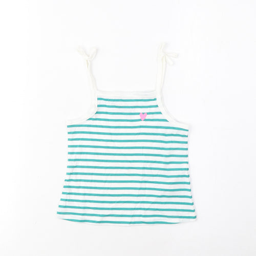 Marks and Spencer Girls Blue Striped Cotton Cropped Tank Size 2-3 Years Square Neck Pullover - Embroidered, Heart