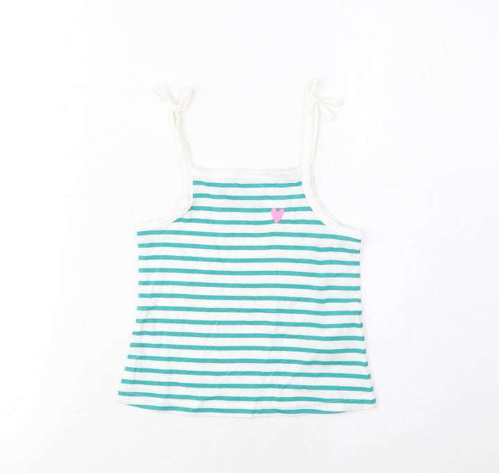 Marks and Spencer Girls Blue Striped Cotton Cropped Tank Size 2-3 Years Square Neck Pullover - Embroidered, Heart