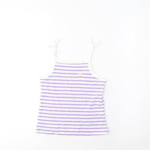 Marks and Spencer Girls Purple Striped Cotton Basic Tank Size 3-4 Years Square Neck Pullover - Embroidered, Heart