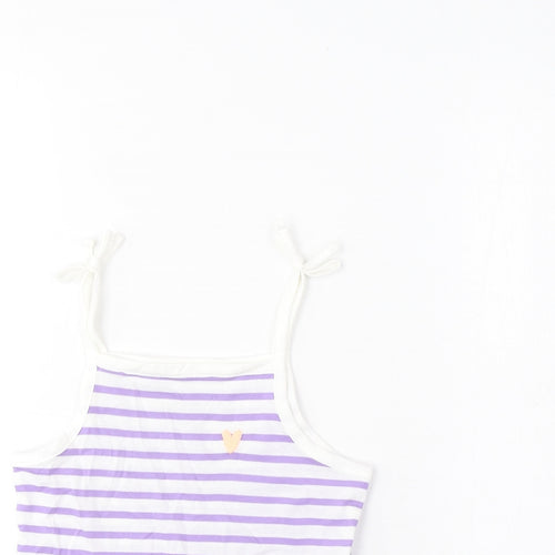 Marks and Spencer Girls Purple Striped Cotton Basic Tank Size 3-4 Years Square Neck Pullover - Embroidered, Heart