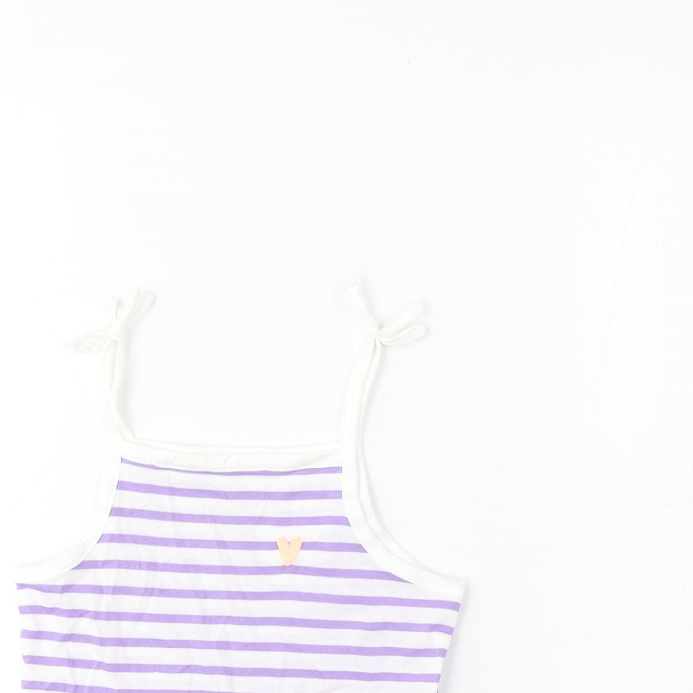 Marks and Spencer Girls Purple Striped Cotton Basic Tank Size 3-4 Years Square Neck Pullover - Embroidered, Heart
