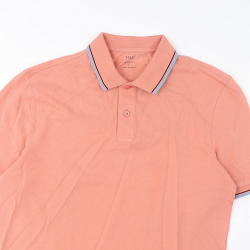 Marks and Spencer Mens Orange Cotton Polo Size S Collared Button