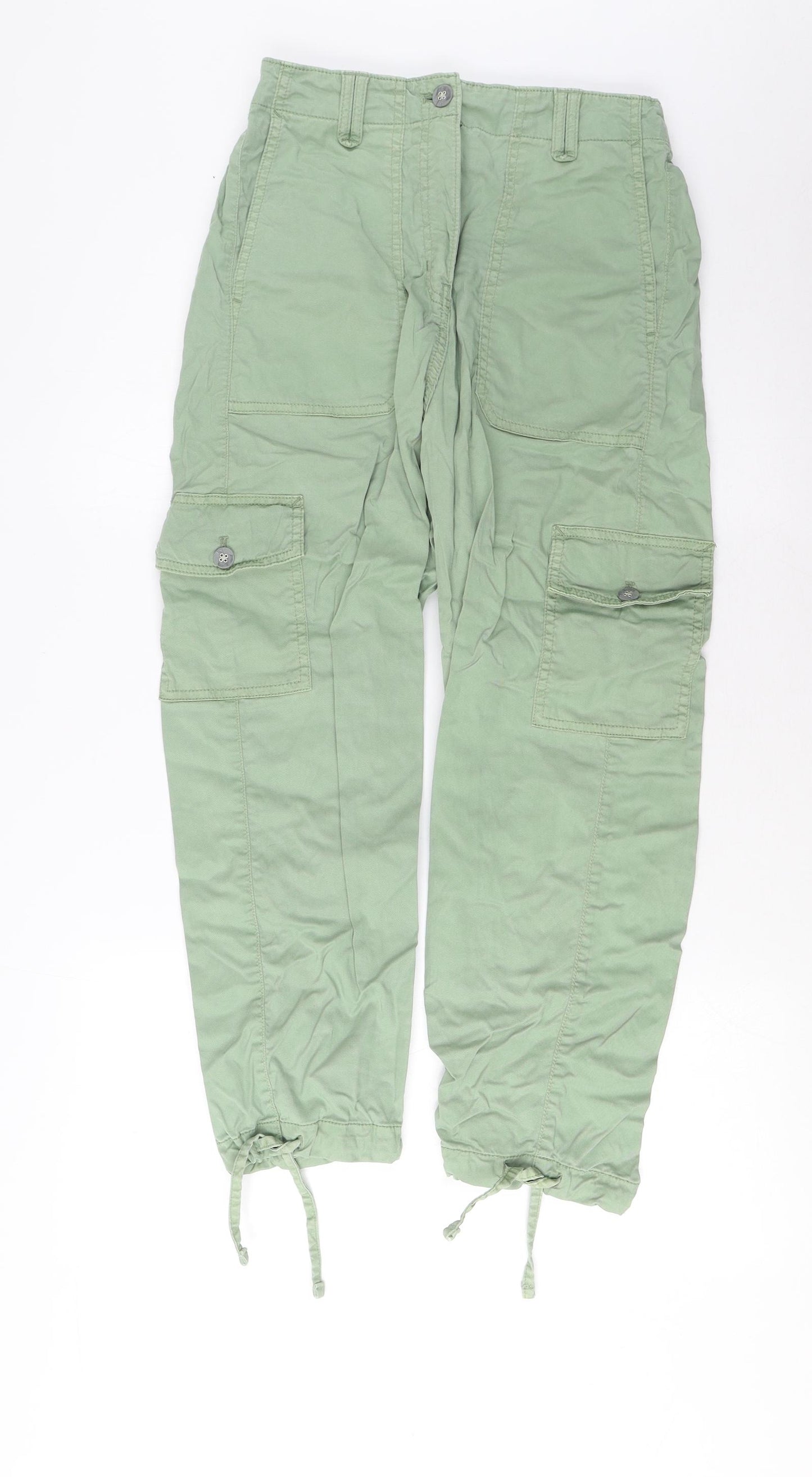 Marks and Spencer Womens Green Cotton Cargo Trousers Size 8 L23 in Regular Zip - Pockets