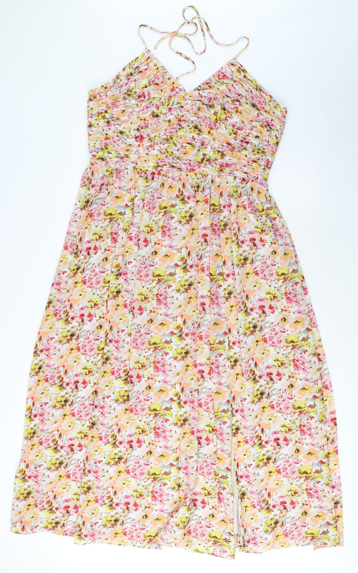 Marks and Spencer Womens Multicoloured Floral Polyester A-Line Size 16 Halter Tie - Pleated, Side Slit