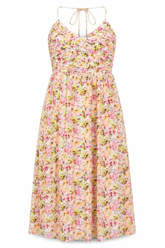 Marks and Spencer Womens Multicoloured Floral Polyester A-Line Size 16 Halter Tie - Pleated, Side Slit