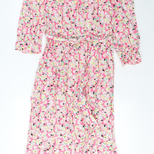 Marks and Spencer Womens Pink Floral Cotton A-Line Size 8 Crew Neck Button - Pleated, Belted