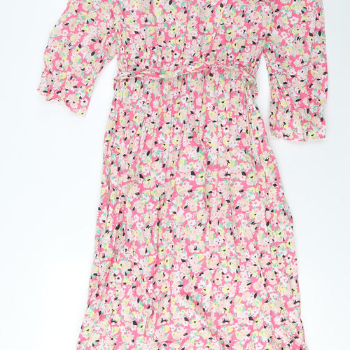 Marks and Spencer Womens Pink Floral Cotton A-Line Size 8 Crew Neck Button - Pleated, Belted