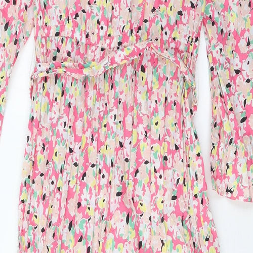Marks and Spencer Womens Pink Floral Cotton A-Line Size 8 Crew Neck Button - Pleated, Belted