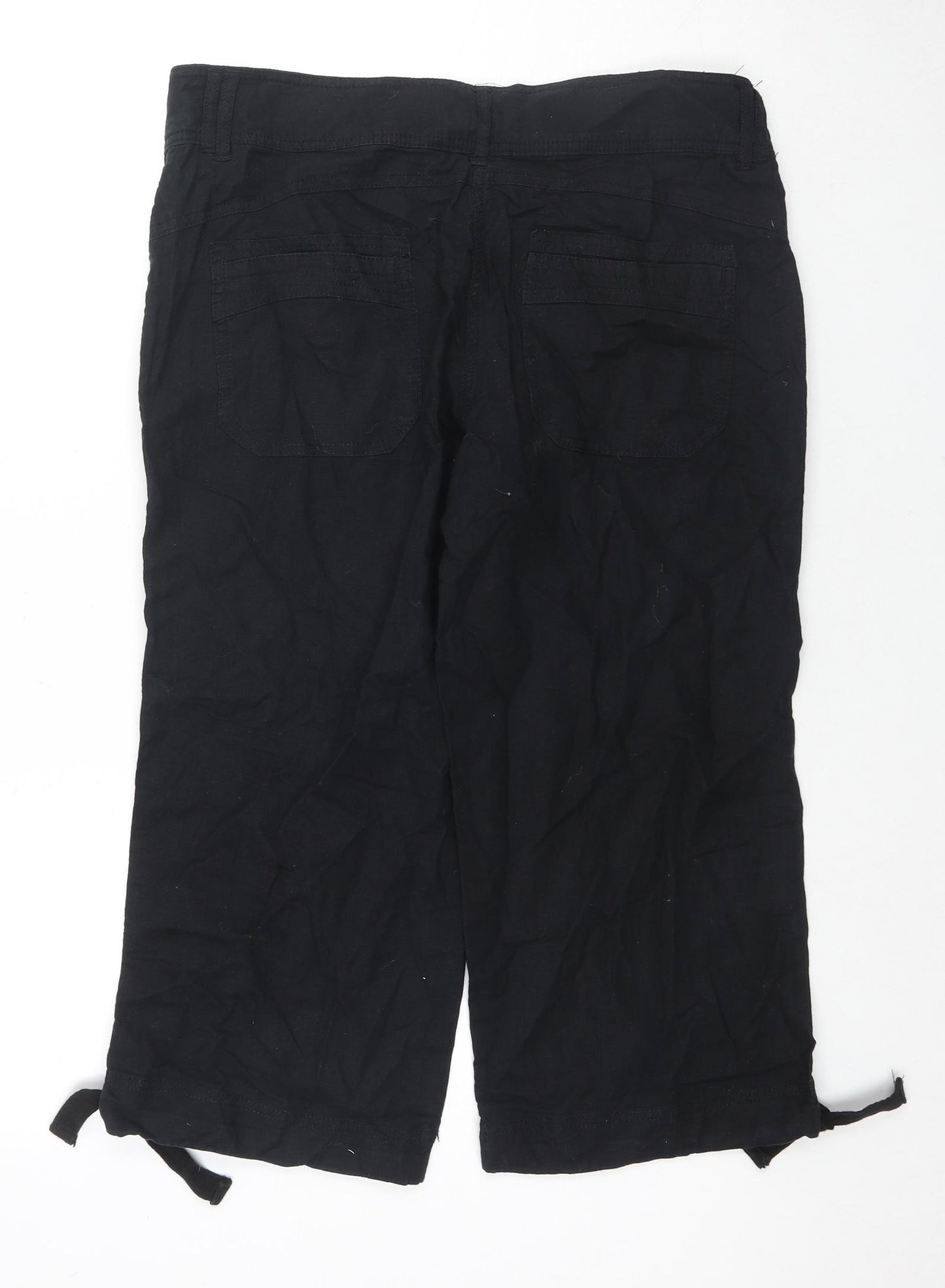 H&M Womens Black Linen Cropped Trousers Size 12 L21 in Regular Button