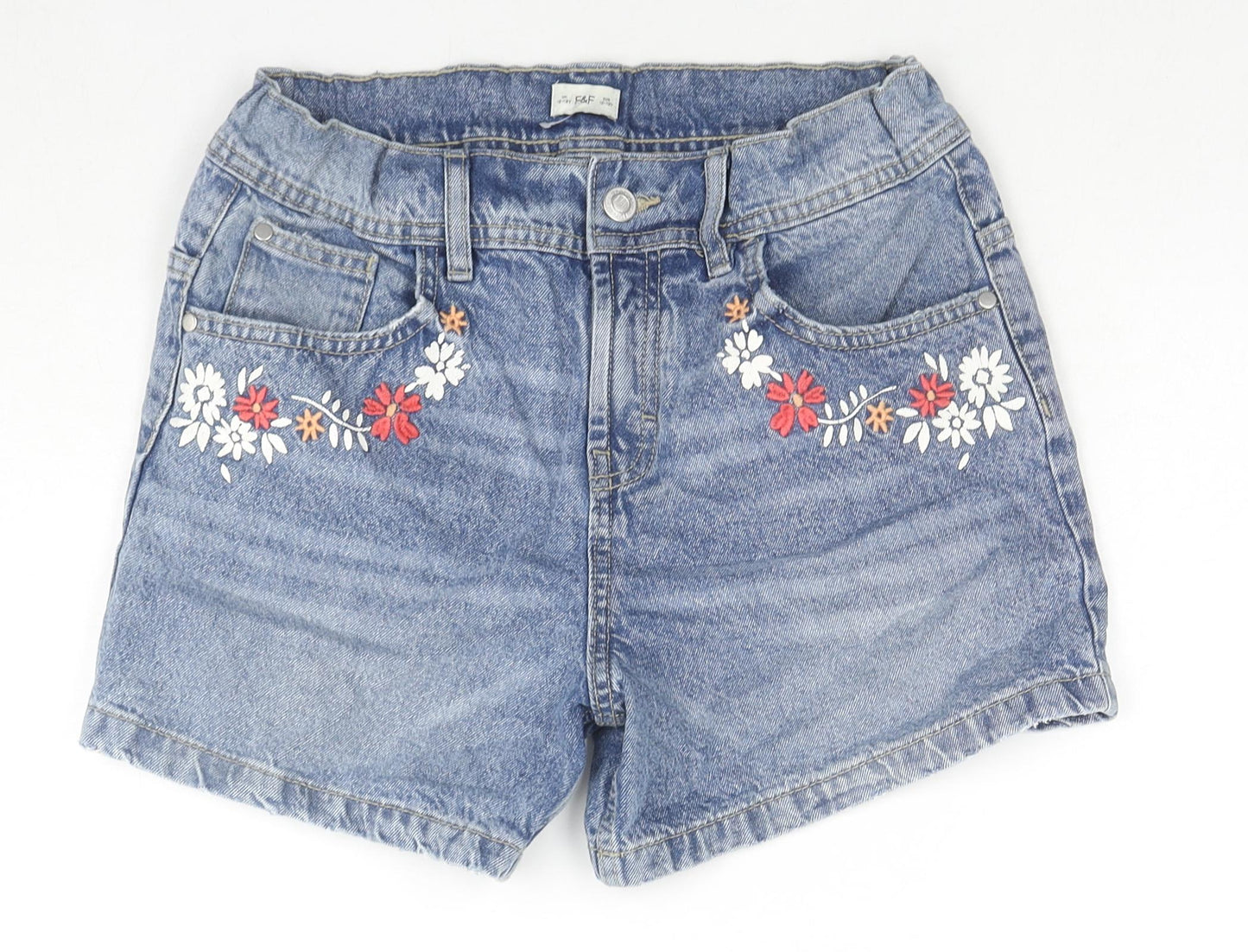 F&F Girls Blue Cotton Mom Shorts Size 12-13 Years L4 in Regular Zip - Flowers