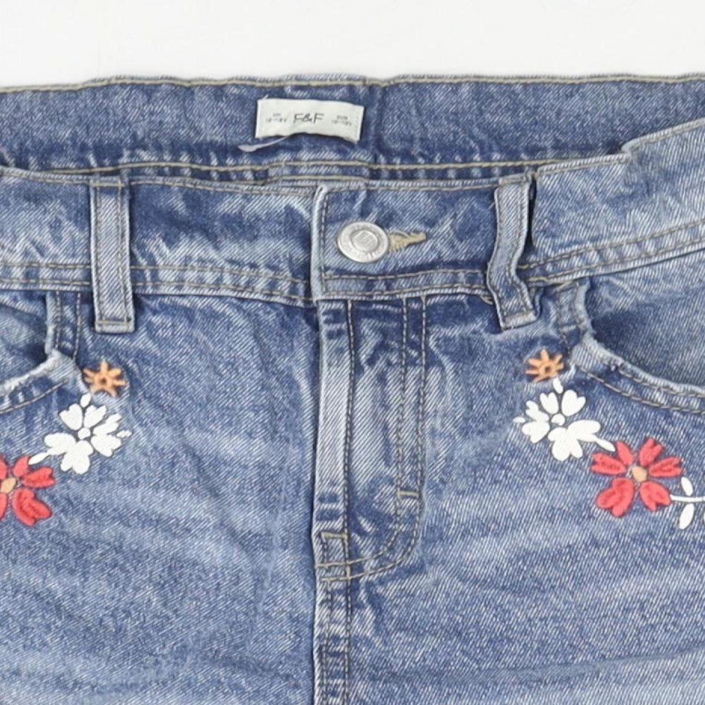 F&F Girls Blue Cotton Mom Shorts Size 12-13 Years L4 in Regular Zip - Flowers