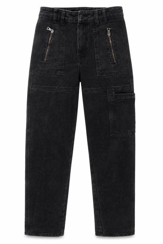 Front view of PRETTYLITTLETHING women’s black cotton straight jeans, size UK 4, 27-inch leg regular zip - cargo style