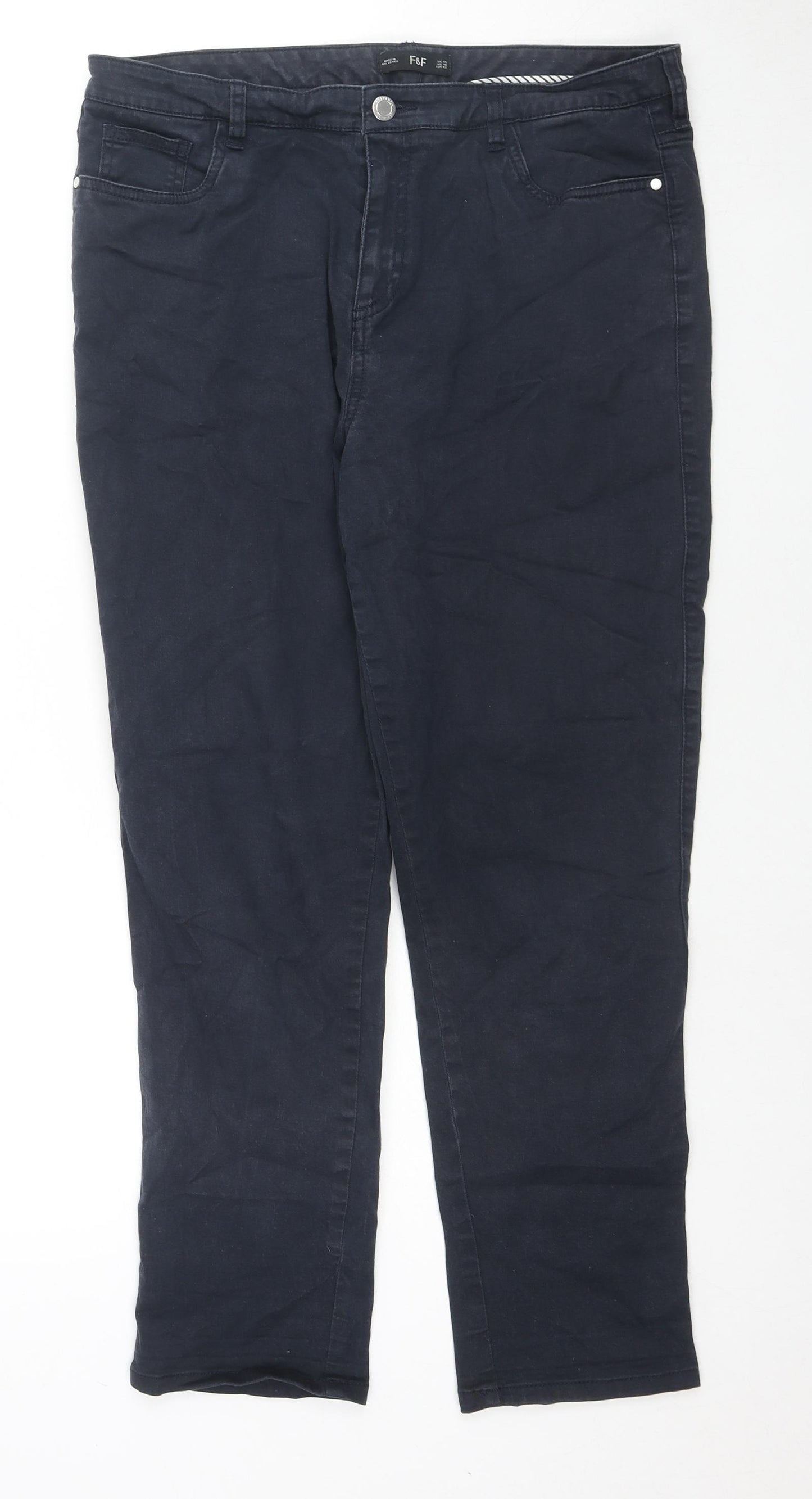 F&F Womens Blue Cotton Straight Jeans Size 14 L26 in Regular Zip