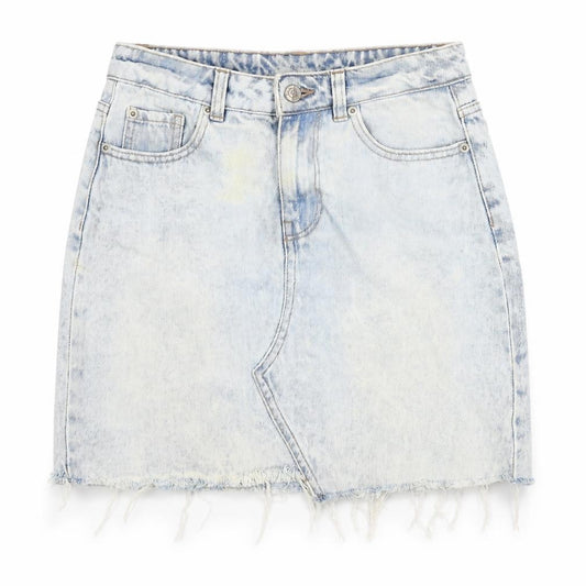 Front view of New Look women’s blue cotton a-line skirt, size UK 8, zip