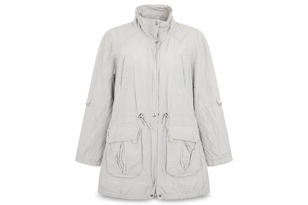 Front view of Indigo women’s grey anorak coat, size UK 14, zip - drawstring waist
