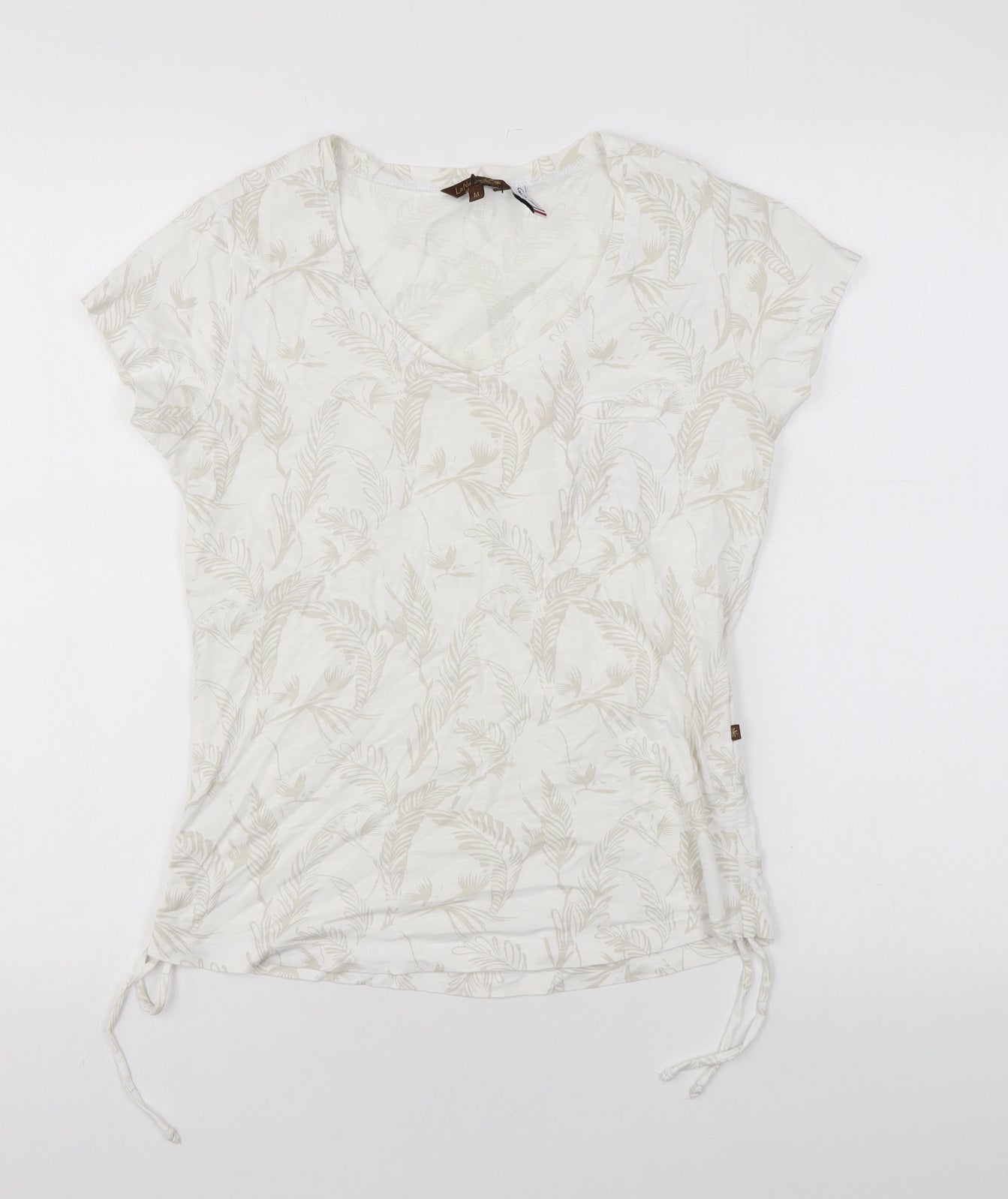 La Naturelle Womens White Geometric Cotton Basic T-Shirt Size M Round Neck