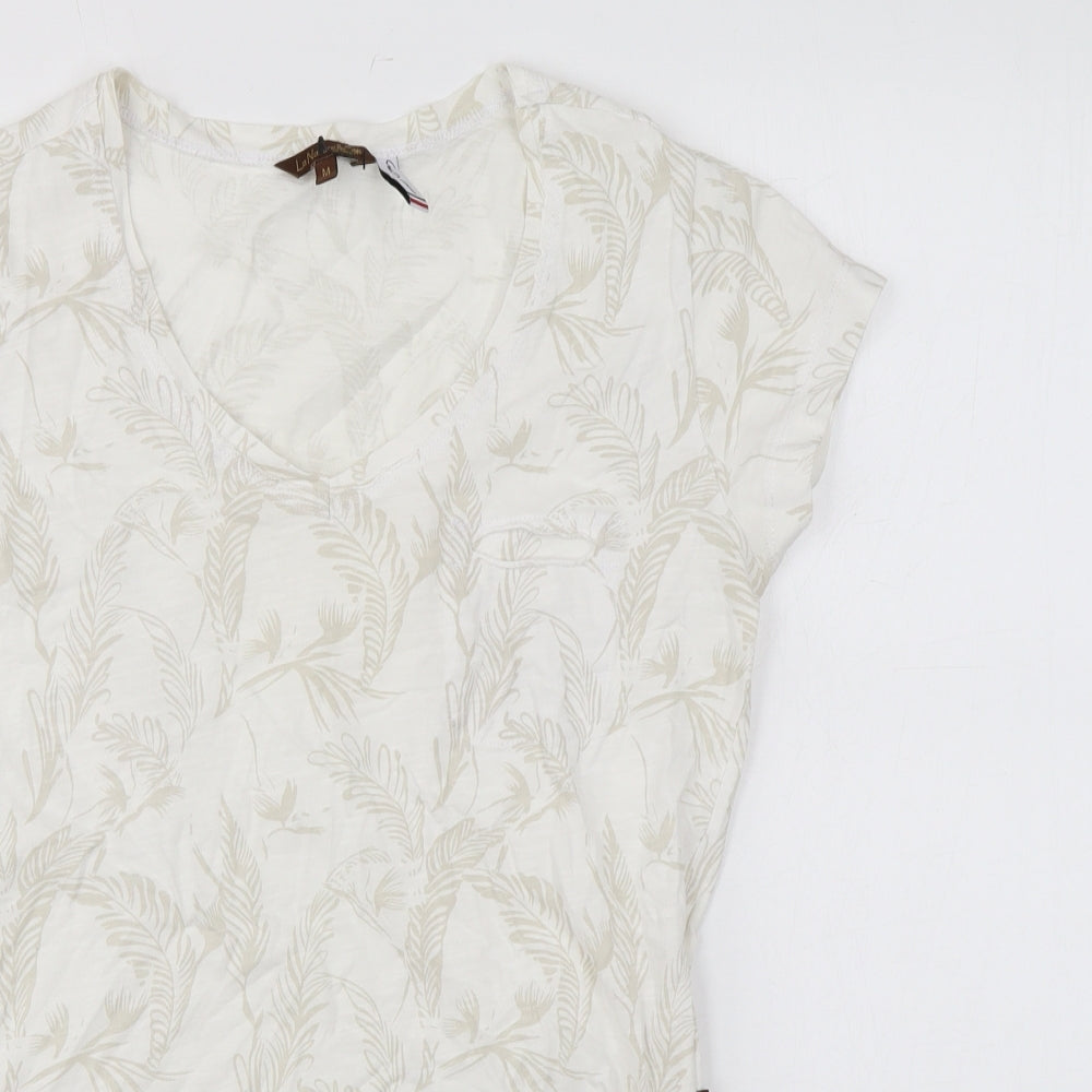 La Naturelle Womens White Geometric Cotton Basic T-Shirt Size M Round Neck