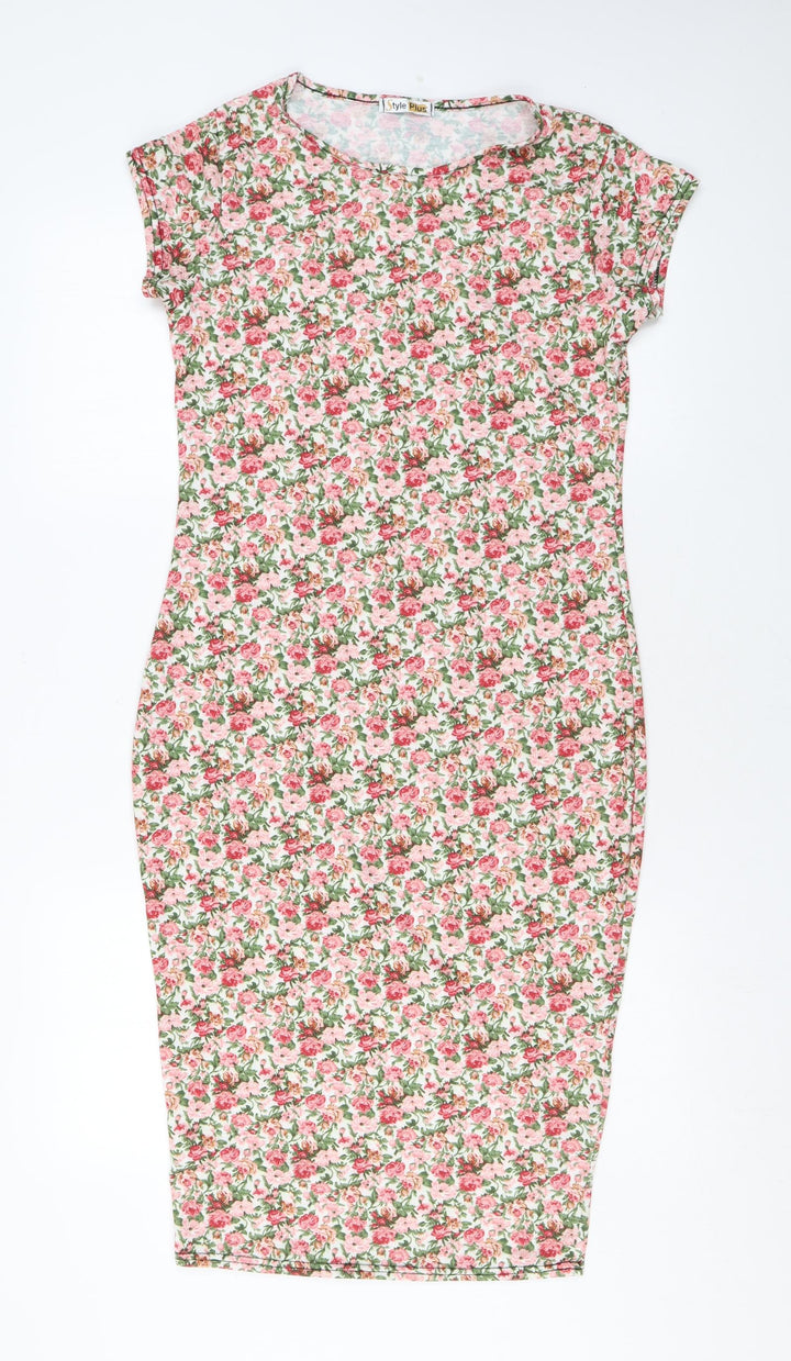Style Plus Womens Pink Floral Polyester Bodycon Size M Round Neck Pullover