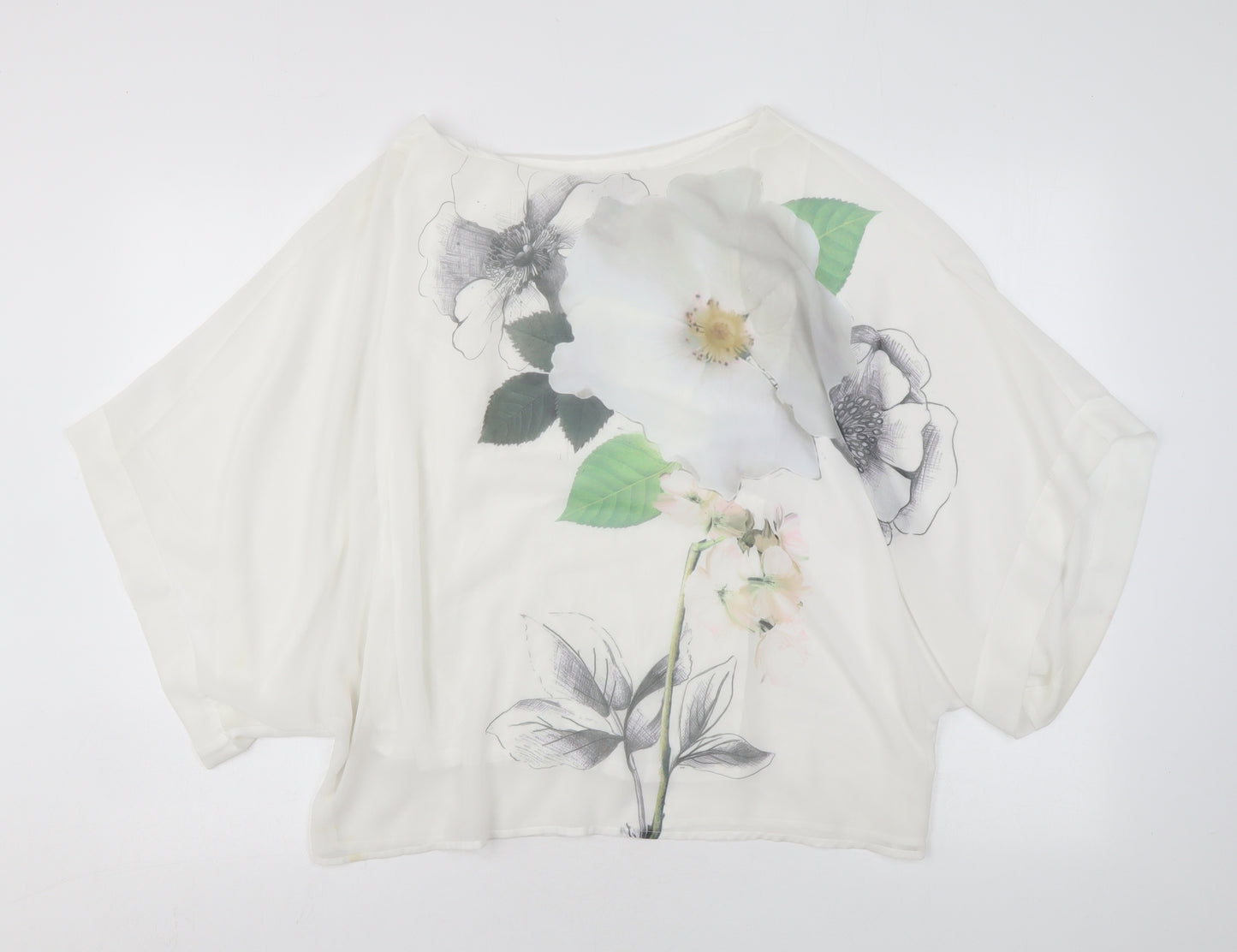 Phase Eight Womens White Floral Polyester Basic Blouse Size S Round Neck