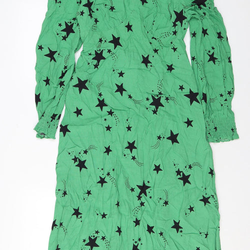 Marks and Spencer Womens Green Geometric Viscose Maxi Size 10 V-Neck Zip