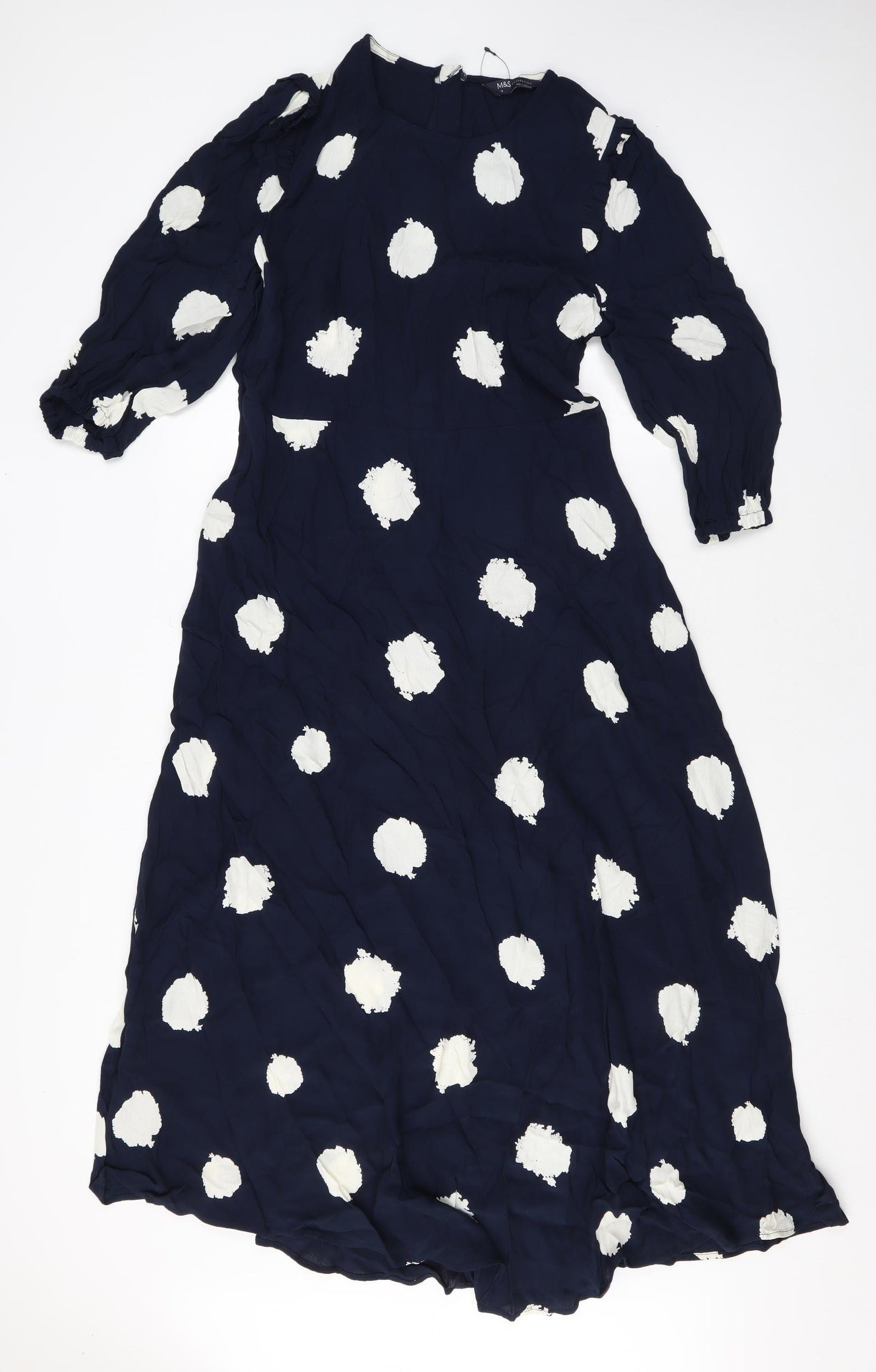 Marks and Spencer Womens Blue Polka Dot Viscose Maxi Size 12 Round Neck Zip