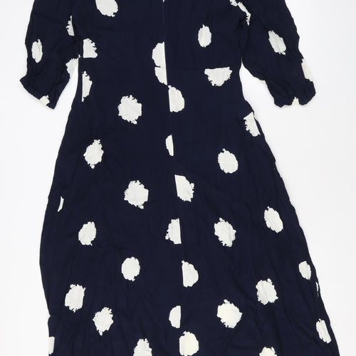 Marks and Spencer Womens Blue Polka Dot Viscose Maxi Size 12 Round Neck Zip