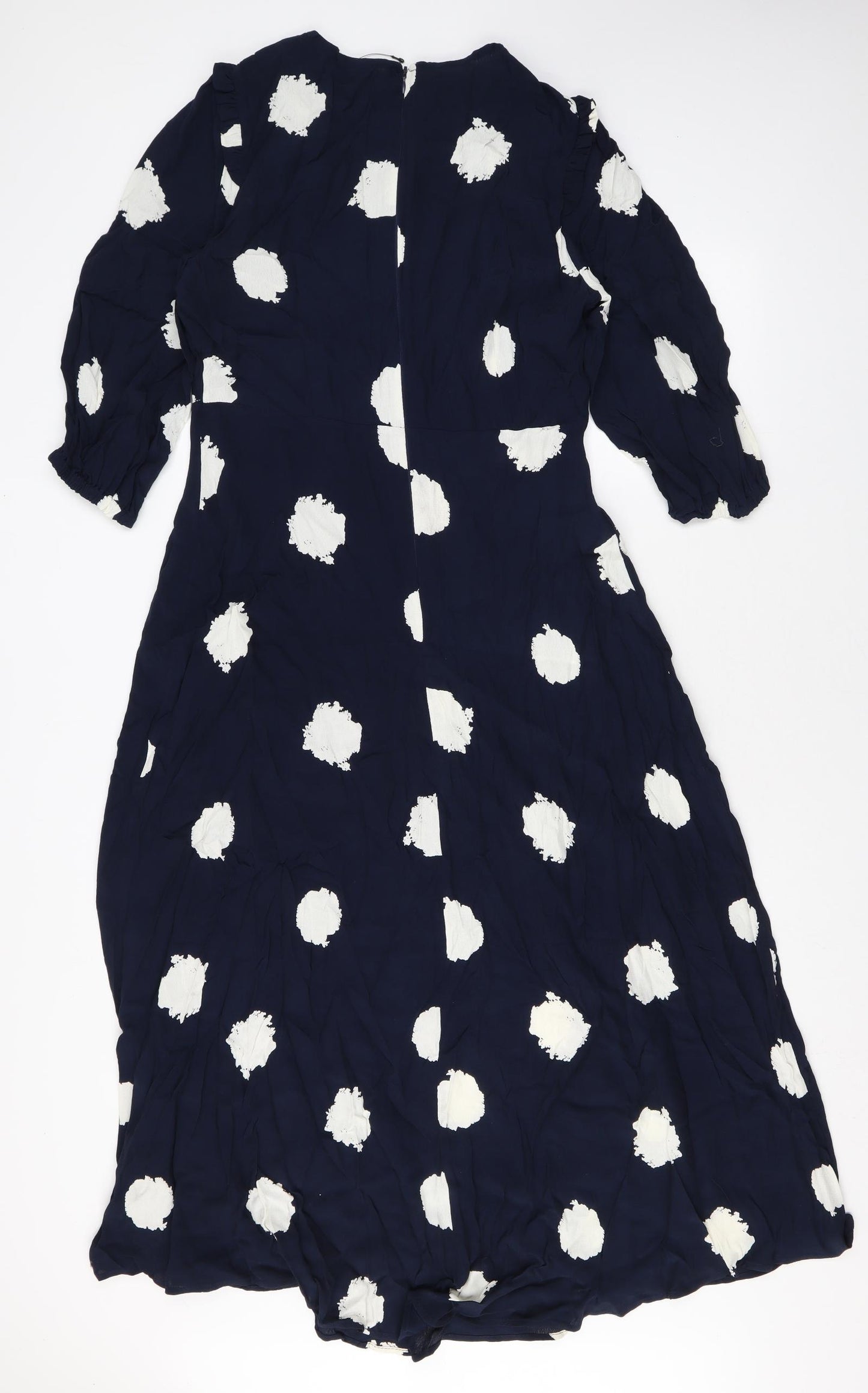 Marks and Spencer Womens Blue Polka Dot Viscose Maxi Size 12 Round Neck Zip