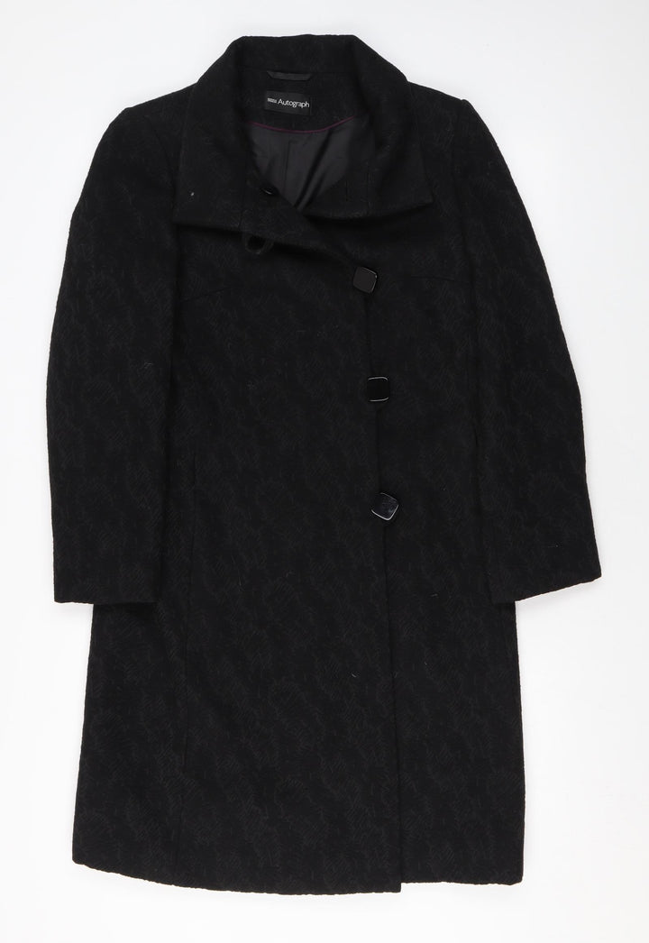 Marks and Spencer Womens Black Geometric Overcoat Coat Size 8 Button