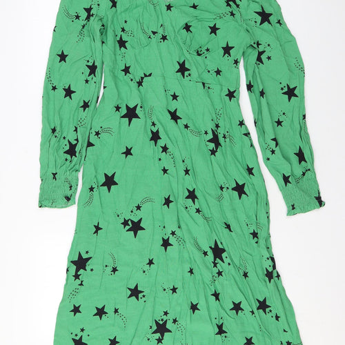 Marks and Spencer Womens Green Geometric Viscose A-Line Size 10 V-Neck Zip - Star print