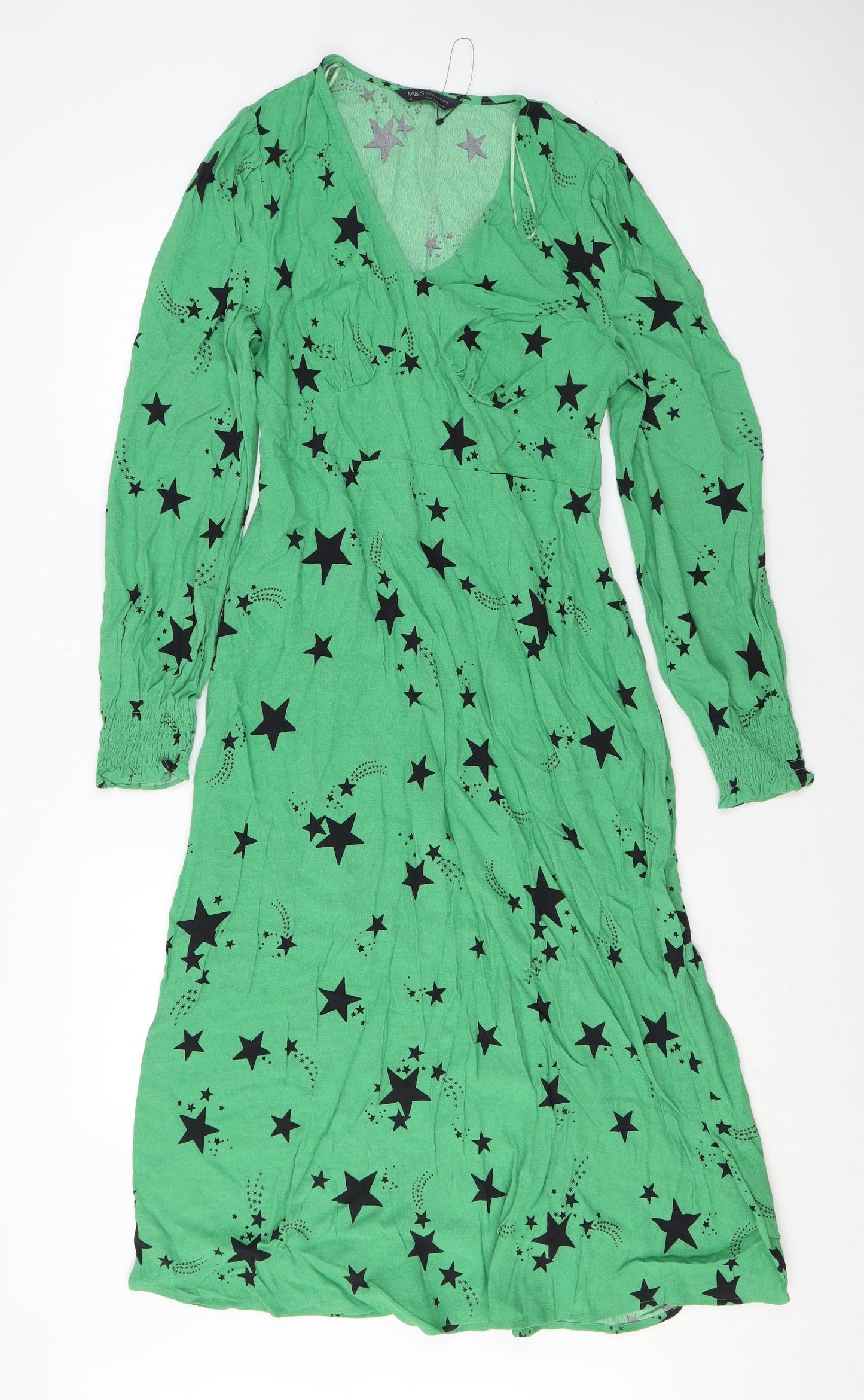 Marks and Spencer Womens Green Geometric Viscose A-Line Size 10 V-Neck Zip - Star print