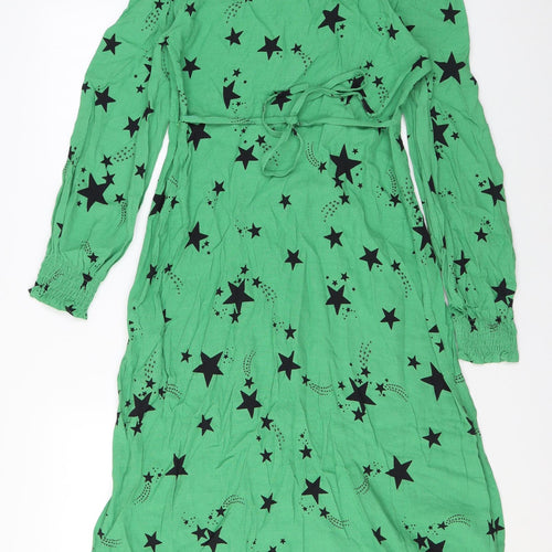 Marks and Spencer Womens Green Geometric Viscose A-Line Size 10 V-Neck Zip - Star print