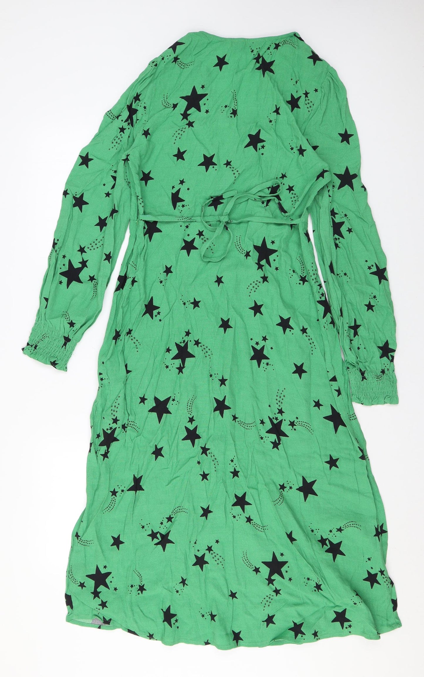 Marks and Spencer Womens Green Geometric Viscose A-Line Size 10 V-Neck Zip - Star print