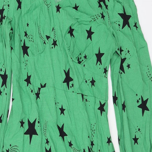 Marks and Spencer Womens Green Geometric Viscose A-Line Size 10 V-Neck Zip - Star print
