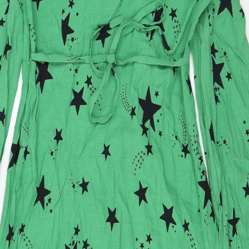 Marks and Spencer Womens Green Geometric Viscose A-Line Size 10 V-Neck Zip - Star print