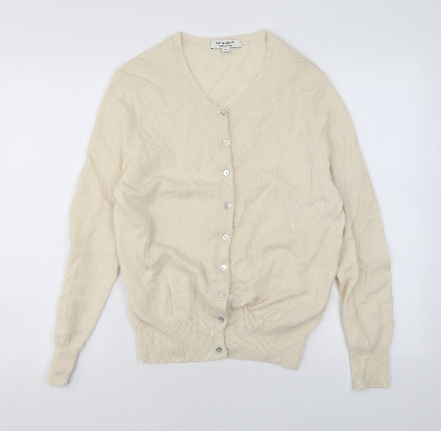 Autograph Womens Beige Round Neck Cashmere Cardigan Jumper Size 16