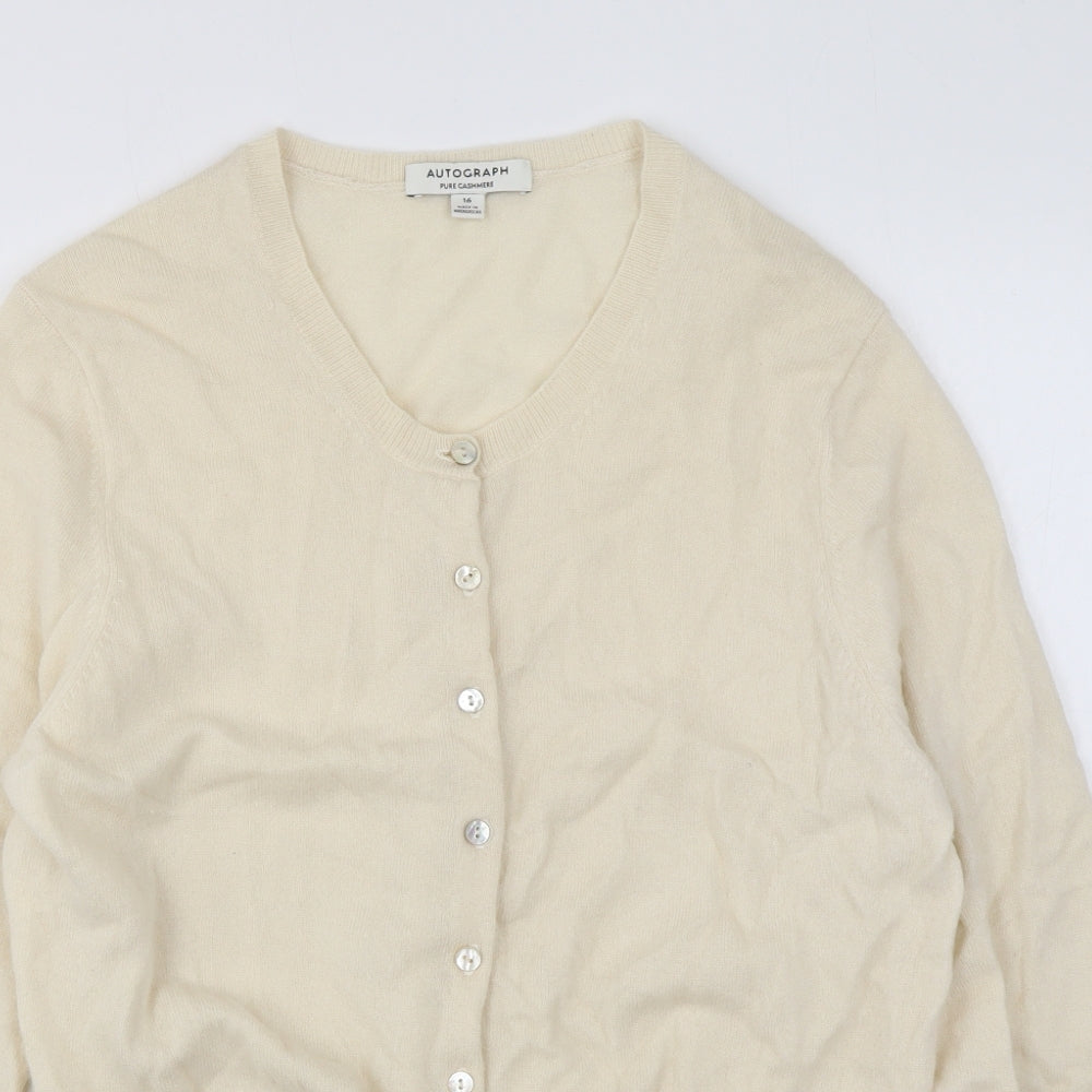 Autograph Womens Beige Round Neck Cashmere Cardigan Jumper Size 16