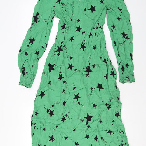Marks and Spencer Womens Green Geometric Viscose A-Line Size 8 V-Neck Zip - Star print