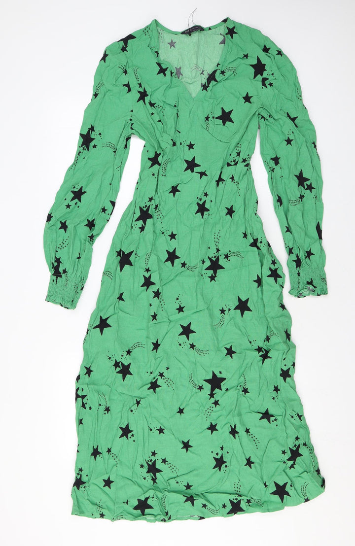 Marks and Spencer Womens Green Geometric Viscose A-Line Size 8 V-Neck Zip - Star print