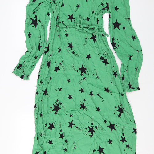 Marks and Spencer Womens Green Geometric Viscose A-Line Size 8 V-Neck Zip - Star print