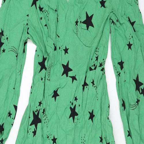 Marks and Spencer Womens Green Geometric Viscose A-Line Size 8 V-Neck Zip - Star print