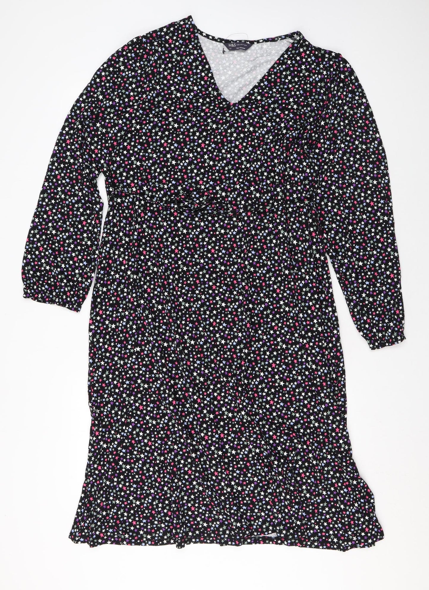 Marks and Spencer Womens Black Geometric Viscose A-Line Size 22 V-Neck Tie