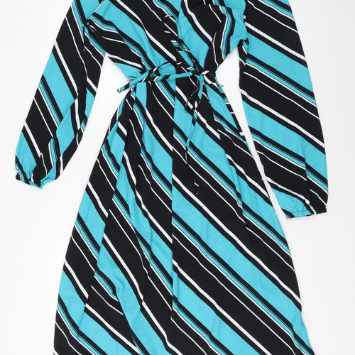 Marks and Spencer Womens Blue Striped Polyester A-Line Size 12 Mock Neck Button