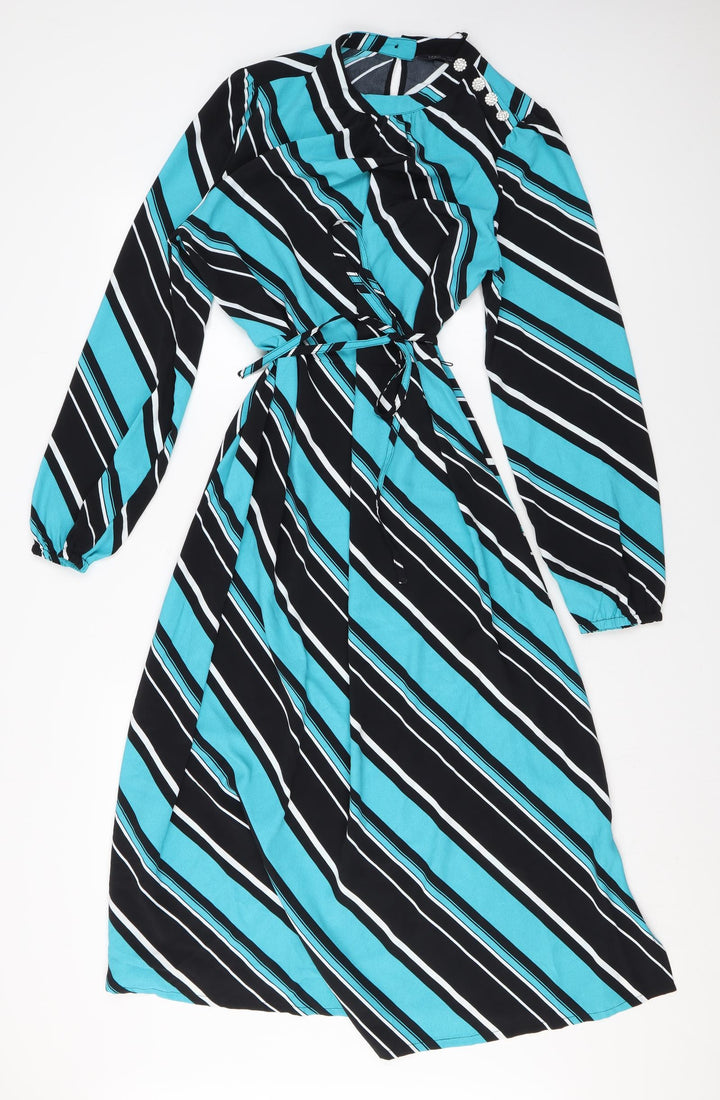 Marks and Spencer Womens Blue Striped Polyester A-Line Size 12 Mock Neck Button