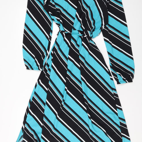 Marks and Spencer Womens Blue Striped Polyester A-Line Size 12 Mock Neck Button