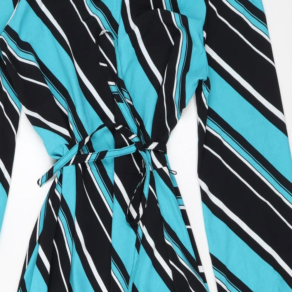 Marks and Spencer Womens Blue Striped Polyester A-Line Size 12 Mock Neck Button